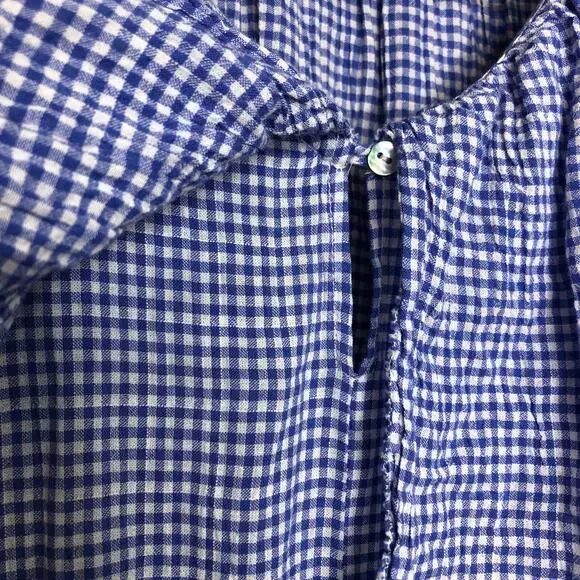 Bird of Paradis Dress Blue White Cotton Gingham Ruffle Midi Pockets Waist Tie S